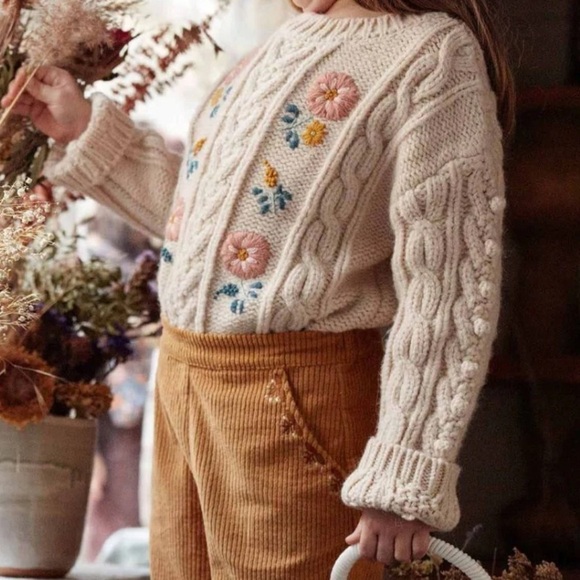 Louise Misha Georgette Jumper Cable Knit Sweater Cream 3T Floral Embroidered GUC - Picture 1 of 15